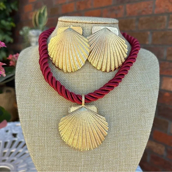 Seashell Gold Red Rope Chain Earrings Necklace Earrings Set - Picture 12 of 16